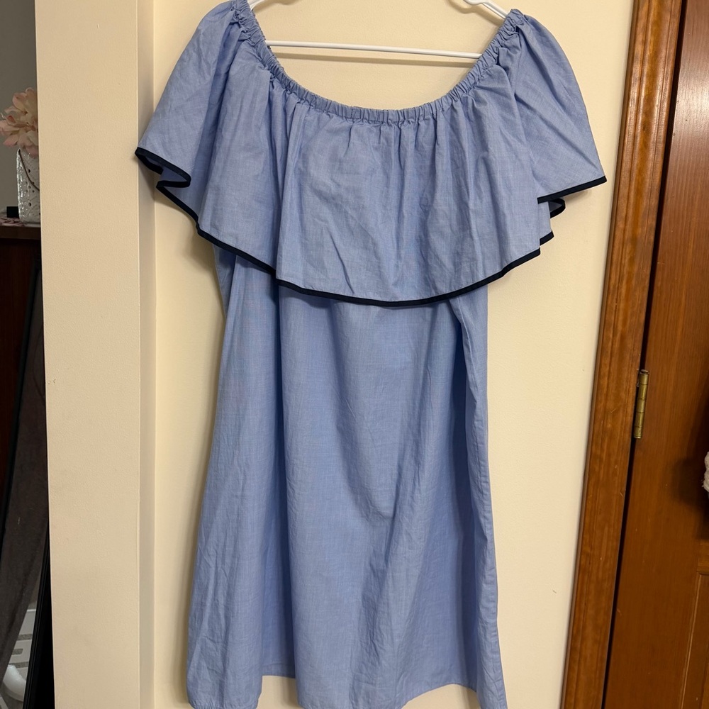 J. Crew Light Blue Off-Shoulder Ruffle Dress with Navy Trim - Picture 4 of 4